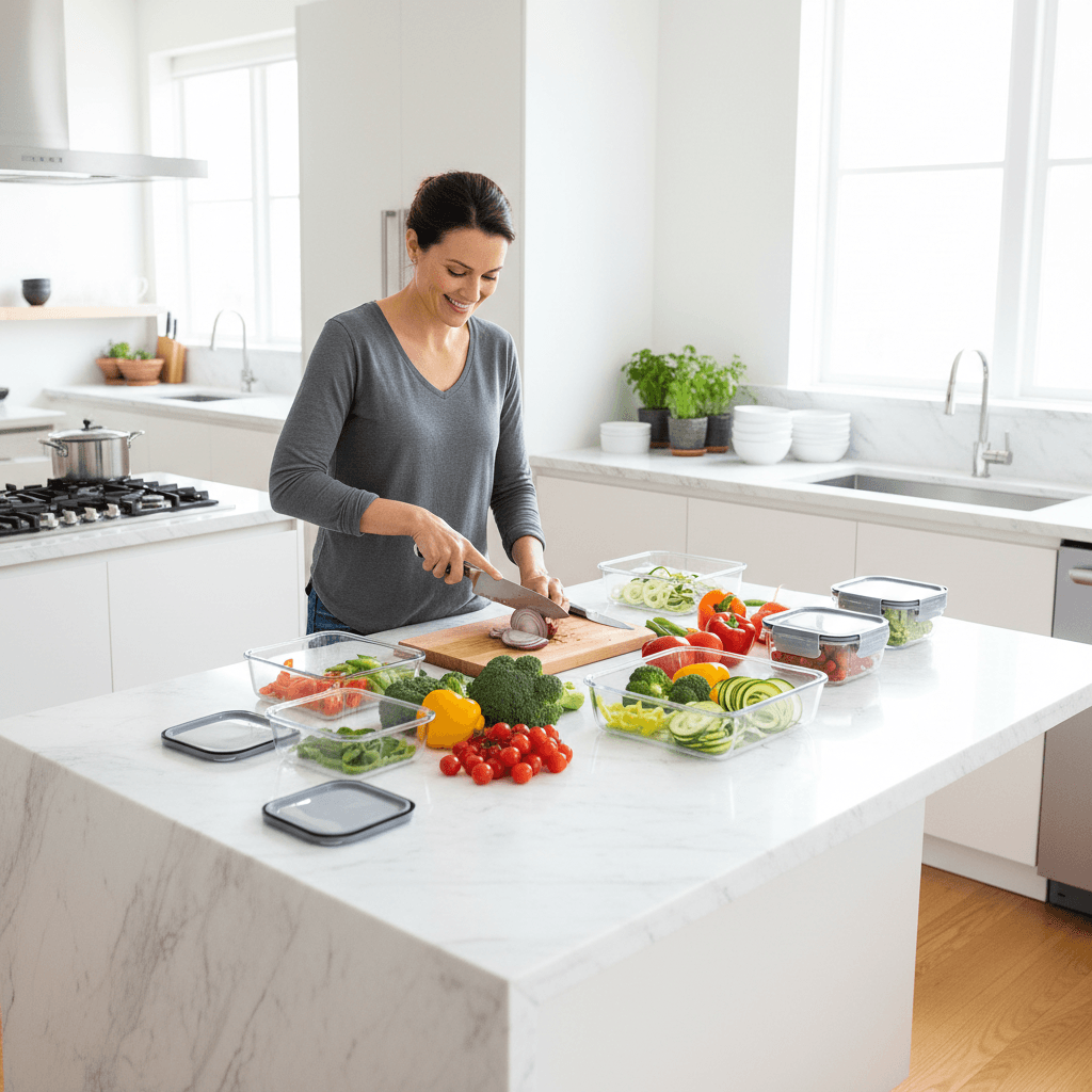 Woman preparing healthy meals in kitchen