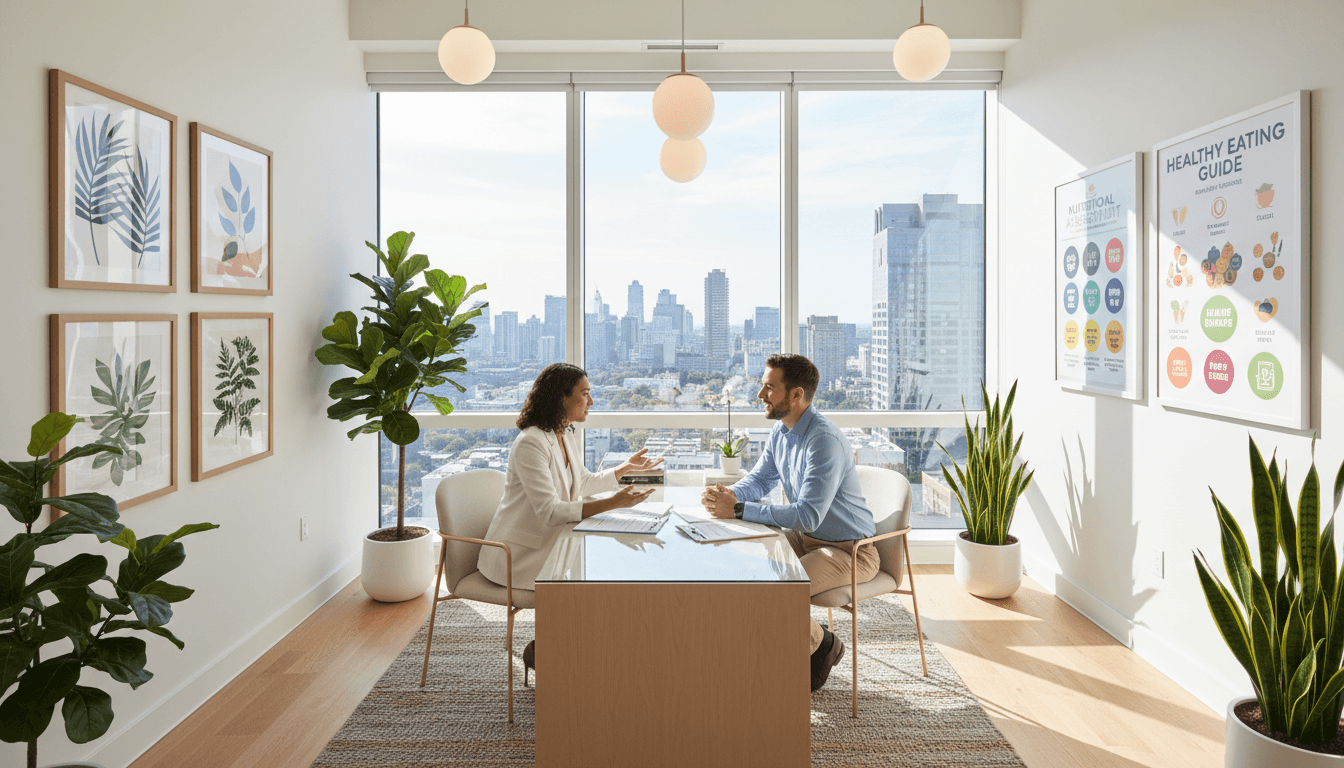 Nutrition coach reviewing plan with client during in-person consultation