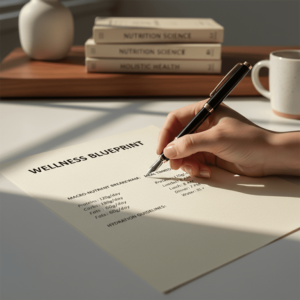 Woman in nutrition consultation reviewing personalized plan with notes and guidance materials